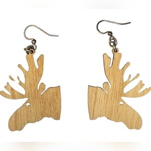 Rustic Laser Cut Brown Wooden Moose Dangle Earrings Naturecore Cabincore